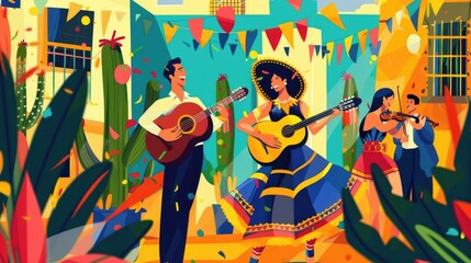 Mexican musician plays guitar and beautiful girl dancing on city fiesta. Spanish Heritage month, Hispanic and Latino Americans culture, tradition and art heritage