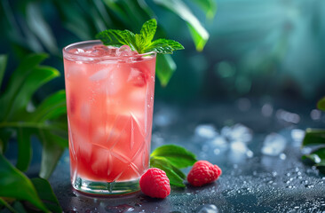 Refreshing raspberry cocktail with ice and mint on a tropical background with copy space