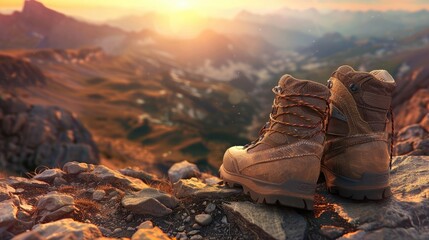 Hiking shoes on a rocky mountain path at sunrise, ultra-detailed, capturing the worn texture and...