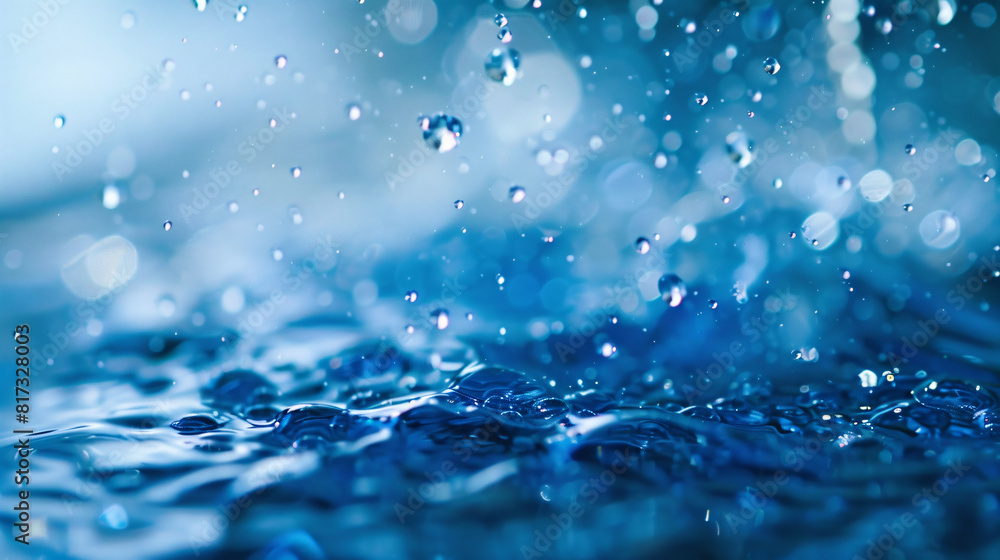 Poster blue water droplets. close-up of blue water droplets splashing and creating ripples, with a bokeh ef