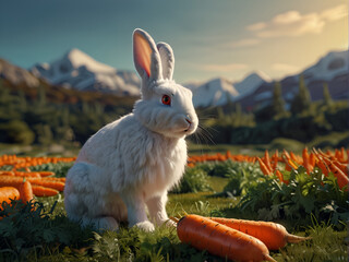 Hare in the vegetable garden on the background of carrots, White hare eating carrots.
