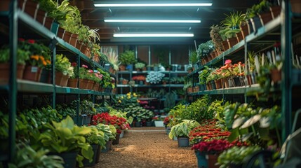 Describe the soft hum of the fluorescent lights above as they cast a gentle glow over the meticulously arranged rows of potted plants in the research room.