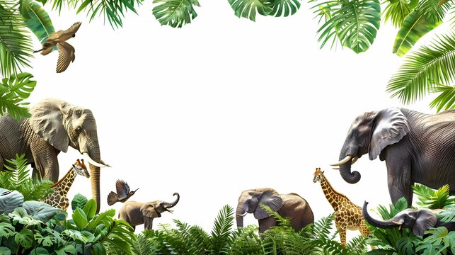 jungle frame animals, illustration African safari animals in tropical leaves, Cartoon