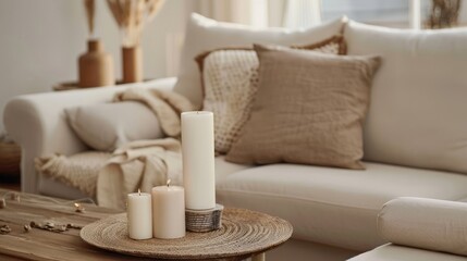 Modern house interior details. Simple cozy beige living room interior with sofa, decorative pillows, wooden table with candles and natural decorations