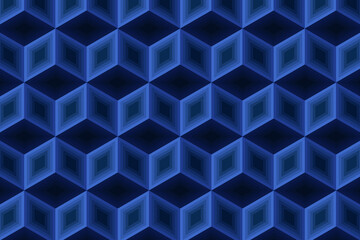 Abstract cube pattern on blue background. Isometric, 3d space looks like optical illusion