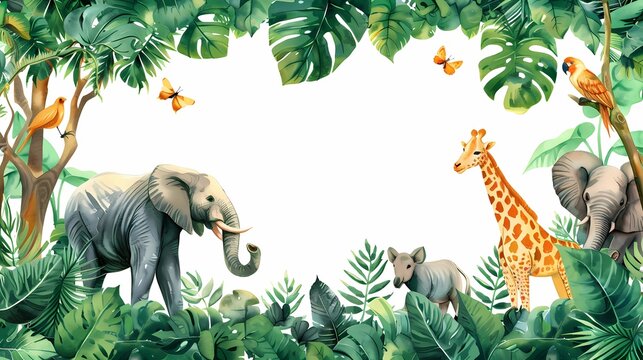 Fototapeta jungle frame animals, illustration African safari animals in tropical leaves, Cartoon
