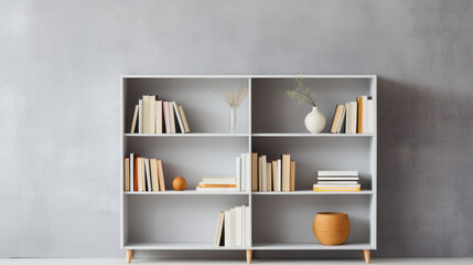 illustration of a white bookshelf in front of gray wall