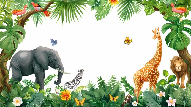 Fototapeta jungle frame animals, illustration African safari animals in tropical leaves, Cartoon