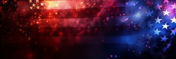 Digital composite image of the United States flag with a bokeh effect, glitters, and a galaxy motif, conveying patriotism