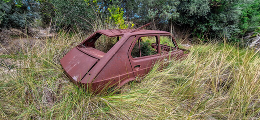 Seat 127 oxidado abandonado en el campo, engullido por las naturaleza