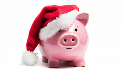funny pink pig wearing a red and white santa hat, white background, planning for the cost of christmas concept