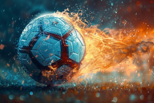 A Vibrant 4k Wallpaper Featuring A Soccer Ball With Water And Fire Effects