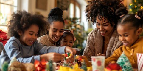 A family enjoys a cheerful Christmas activity together as they decorate a gingerbread house with various sweet confections - Powered by Adobe