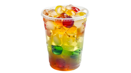  A refreshing fruit bubble tea with vibrant green tea, colorful fruit jellies, and ice in a clear plastic cup, transparent background