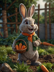 Rabbit collects carrots in the vegetable garden in a basket