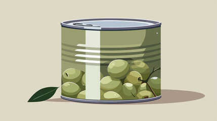 Tin can with olives on grey background 2d flat cart