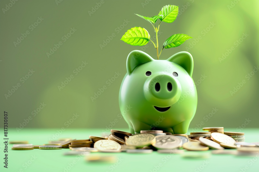 Wall mural 
Pig piggy bank representing the green economy or bioeconomy combined with sustainability for environmentally conscious companies