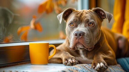 A dog sitting on a window sill with a cup of coffee.