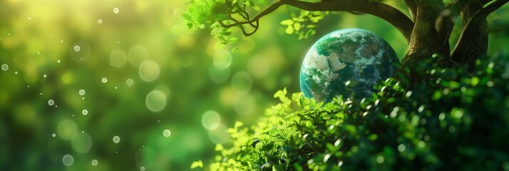 A conceptual image showing a tree cradling a glowing Earth in a vibrant, magical forest setting