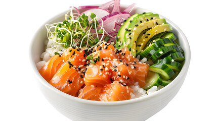  A salmon poke bowl with diced salmon, avocado, cucumber, and pickled onions on sushi rice, topped with sesame seeds and microgreens,, transparent background