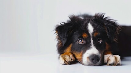 A black and white dog laying down on a white background.