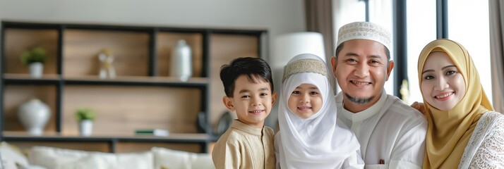 A family dressed in traditional Muslim garments sharing a happy moment at home