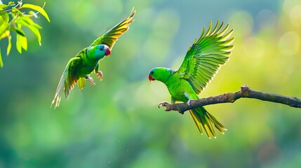 Two green parrots flying on a branch.