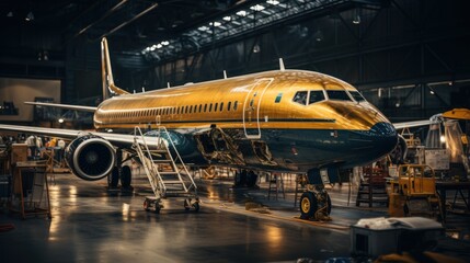 Fototapeta premium Brand New Airplane in Maintenance Hangar Undergoing Inspection and Repairs