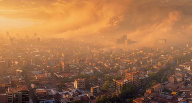 Dramatic dust storm descending on a densely populated city