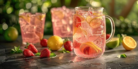 Fresh strawberry cocktail. Fresh summer cocktail with fruits and berries with ice cubes