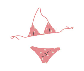 Modern womens two-piece swimsuit. Pink swimsuit with dot print. Female swim clothing. Beach wear for swimming. Bikini top and bottom. Flat vector illustration isolated on white background.