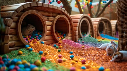 pet enrichment, bright hamster toys spread out in the playpen, providing an engaging and entertaining space for the small pet to explore and enjoy