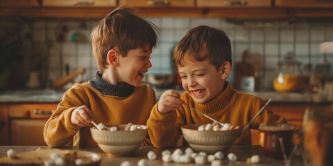 Two young boys laugh while eating cereal in a homey kitchen environment, sharing a moment of joy and brotherhood