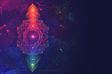 Abstract design with layered chakras blooming, radiating colorful energy against a dark background