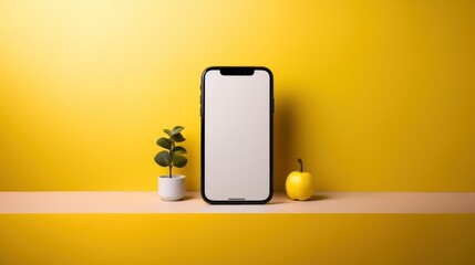 Excited Man Leaning On Large Smartphone With Blank Screen, Potted Plant, And Yellow Apple On Yellow Background