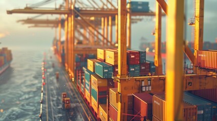 Closeup of a gigantic port crane towering above stacked containers at sunset