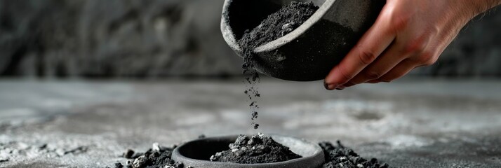 A hand carefully pouring black activated charcoal powder from a mortar to a bowl, depicting wellness and health trends