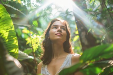 woman standing in lush green summer forest, her face lit up with sunlight. Female positive energy in harmony with nature. Idyllic scene. Save the planet. 