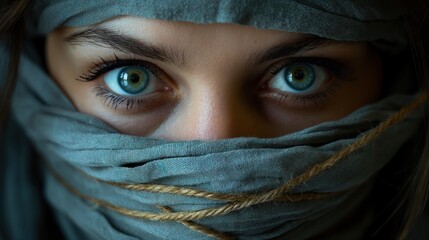 Person with Blue Eyes Wrapped in Cloth
