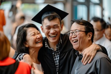 Fototapeta premium emotional moment of asian male graduate student with his parents at graduation ceremony, candid heartwarming moment, hugging and laughing