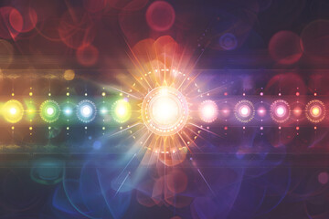 Obraz premium Colorful chakra energy radiating from a central light source in a cosmic, abstract design