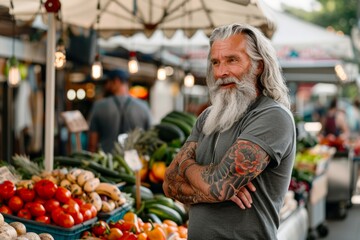 Obraz premium vegan hipster man with long gray hair and tattoos shopping for food at eco vegetable market.