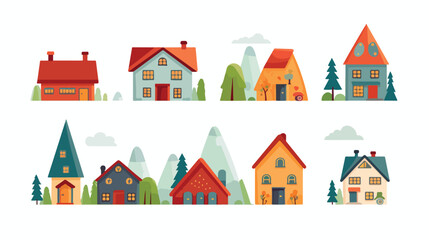 Toy houses and mountains flat vector illustration.