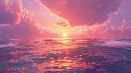 Sunset over the sea with waves