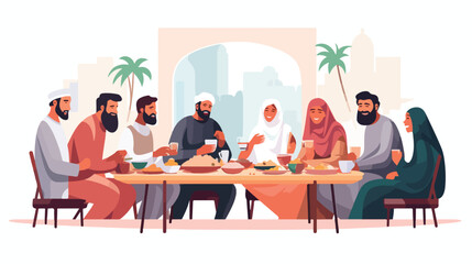 Traditional Arabic big family having dinner togethe