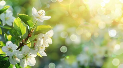 Spring nature freshness and renewal background. Flowering cherry apple tree branch in spring garden with bright white flowers on green bokeh background - Powered by Adobe