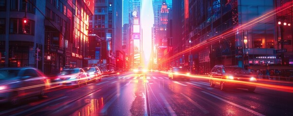 Obraz premium Street view of an avenue with a large spotlight-like glare emanating from the end of the street