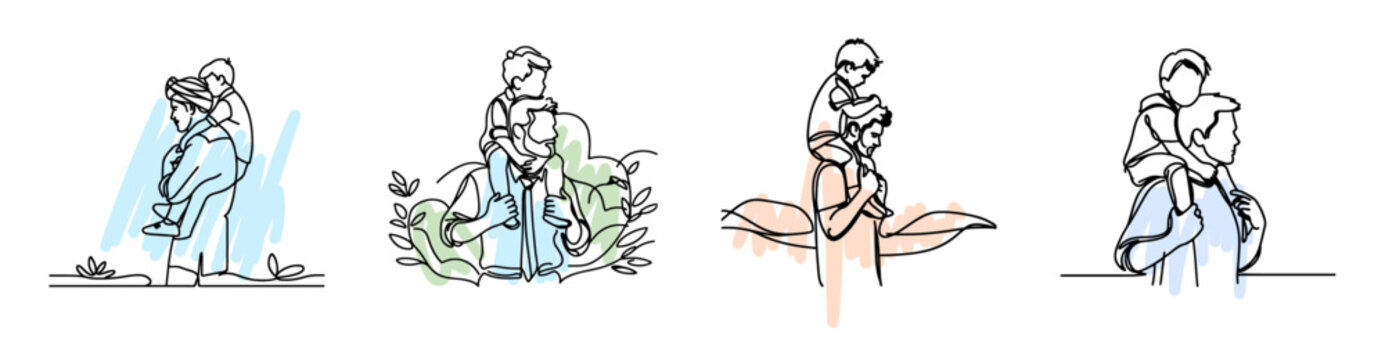 Padre cargando a su hijo en sus hombros, dibujo a una linea, dia del padre