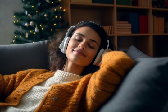 Christmas season is here Young woman at home for Christmas. She is laying down on sofa and listening music on headphones