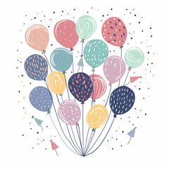 Fototapeta na wymiar A bunch of multi-colored birthday balloons in the dot on black ropes on a white background. Postcard for the holiday. Square frame